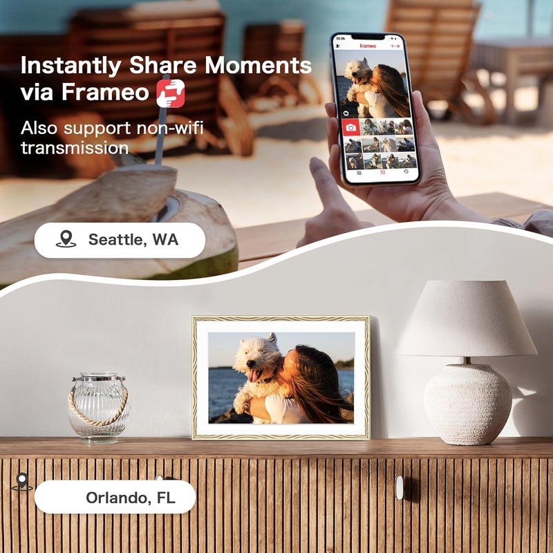 FLYRUIT Digital Picture Frame, 10.1'' Frameo Digital Frame Wifi, 1280*800 HD Touch Screen, 32GB Memory, Wall Mountable Digital Photo Frame, Auto-Rotate, Share Instantly, Wedding, Birthday Gifts for Mom, Gold - Image 5